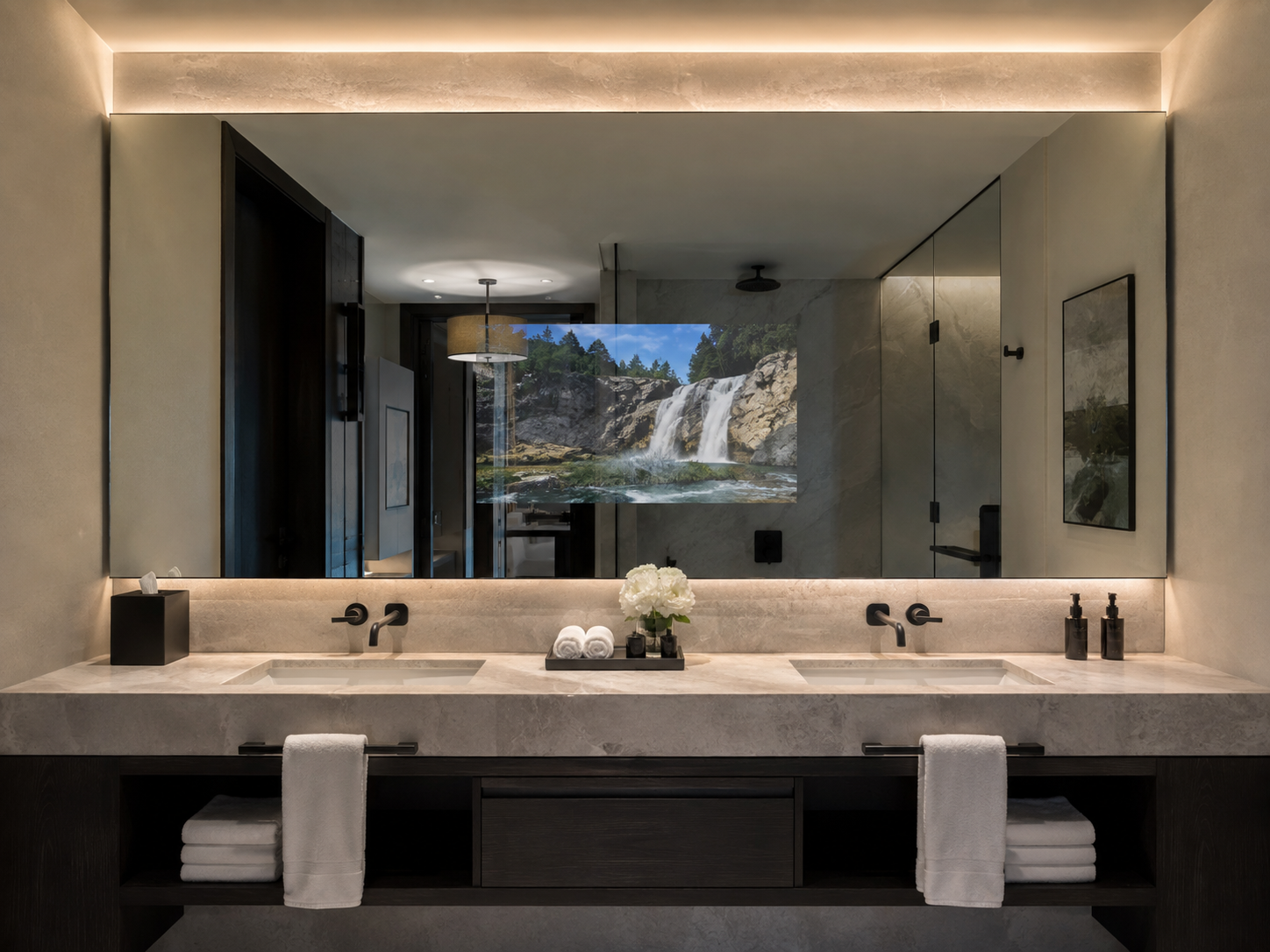Hotel bathroom Mirror TV integrated behind one uninterrupted wall mirror