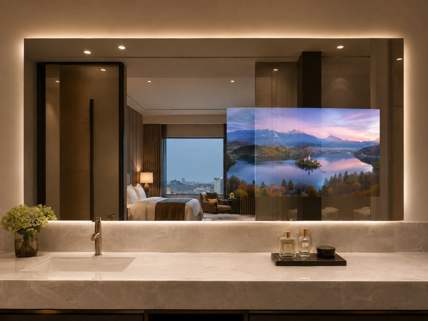 Vanity Mirror TV with a compact display operating behind continuous reflective glass