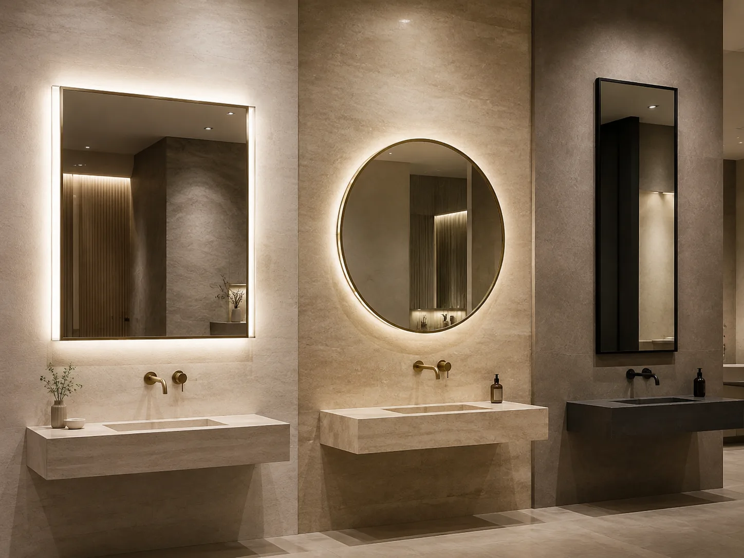 Architectural showroom with rectangular round and framed vanity mirrors
