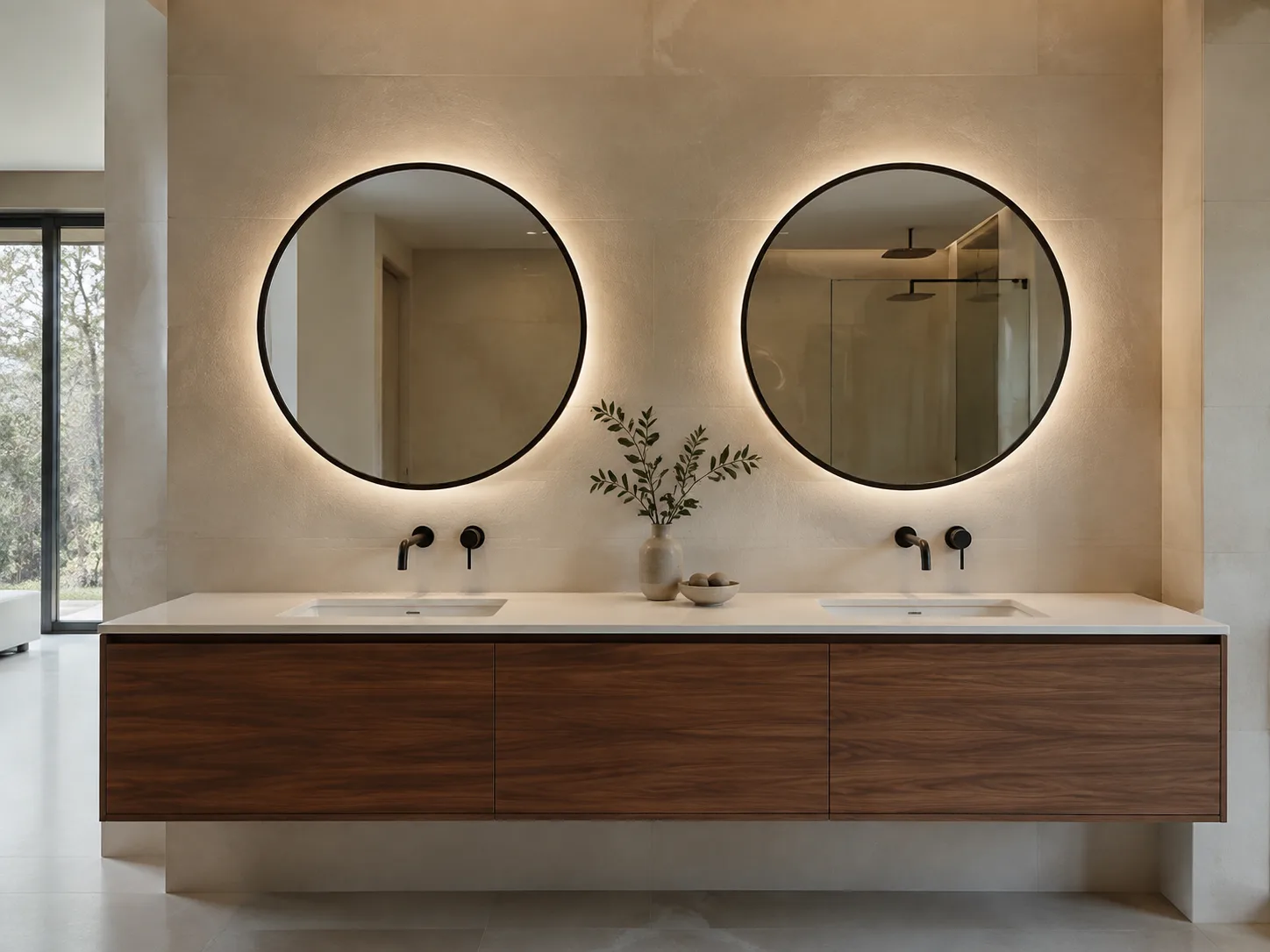 Two round LED mirrors aligned above a double bathroom vanity