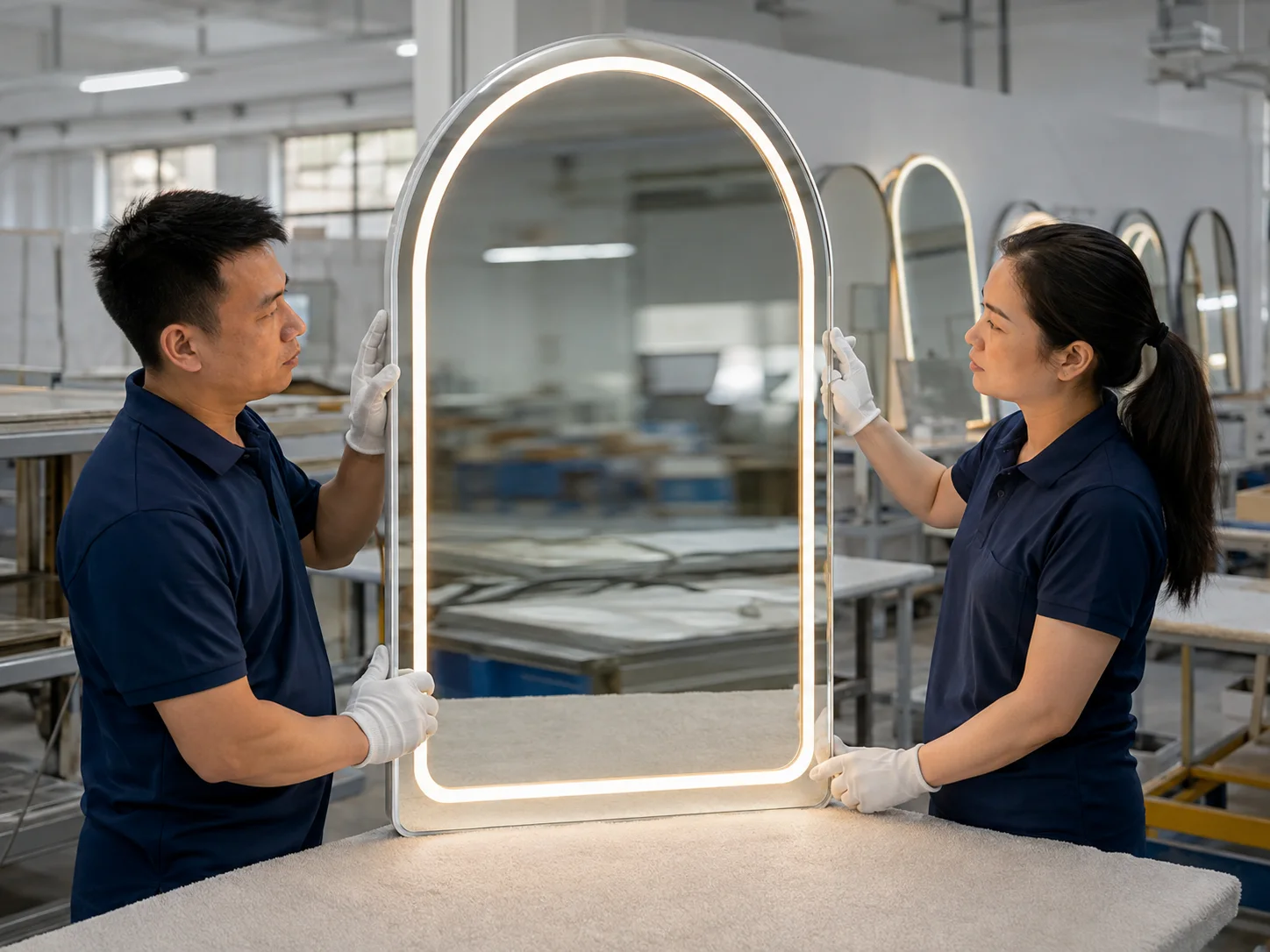 Two technicians inspecting the frame and lighting of an arched LED vanity mirror