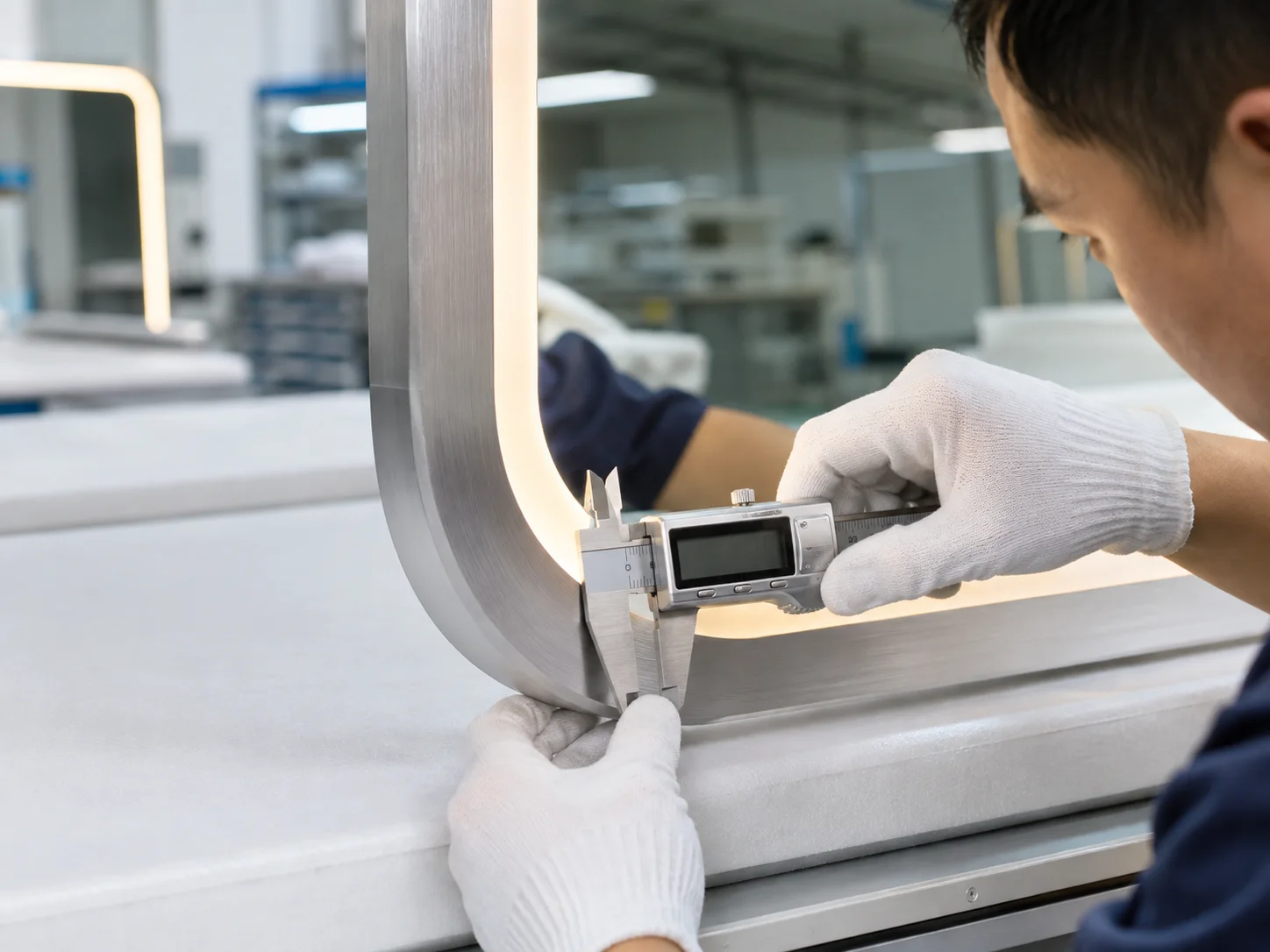 Technician measuring the aluminum frame of an illuminated vanity mirror with a digital caliper