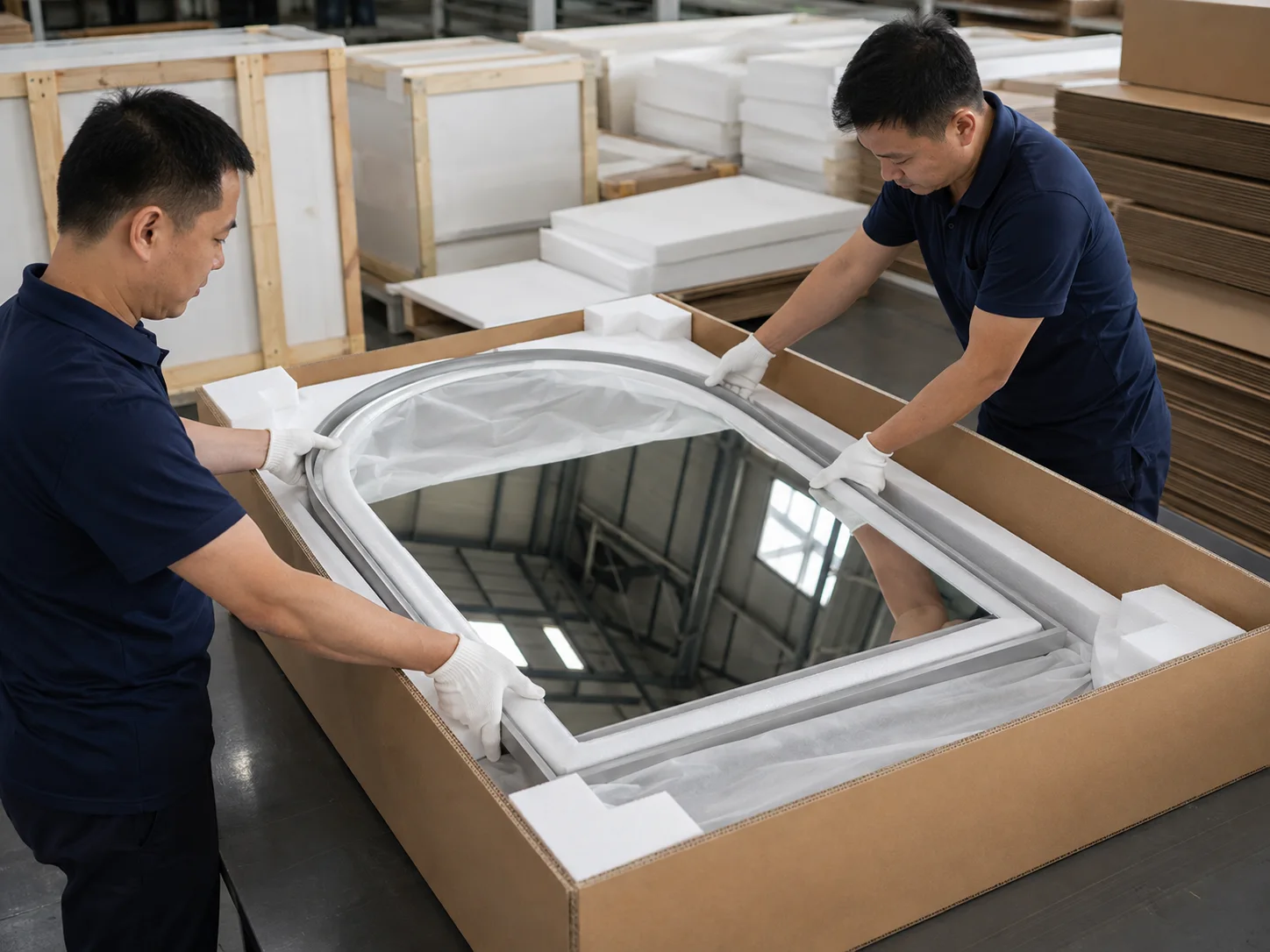 Technicians packing an arched vanity mirror with foam edge and corner protection