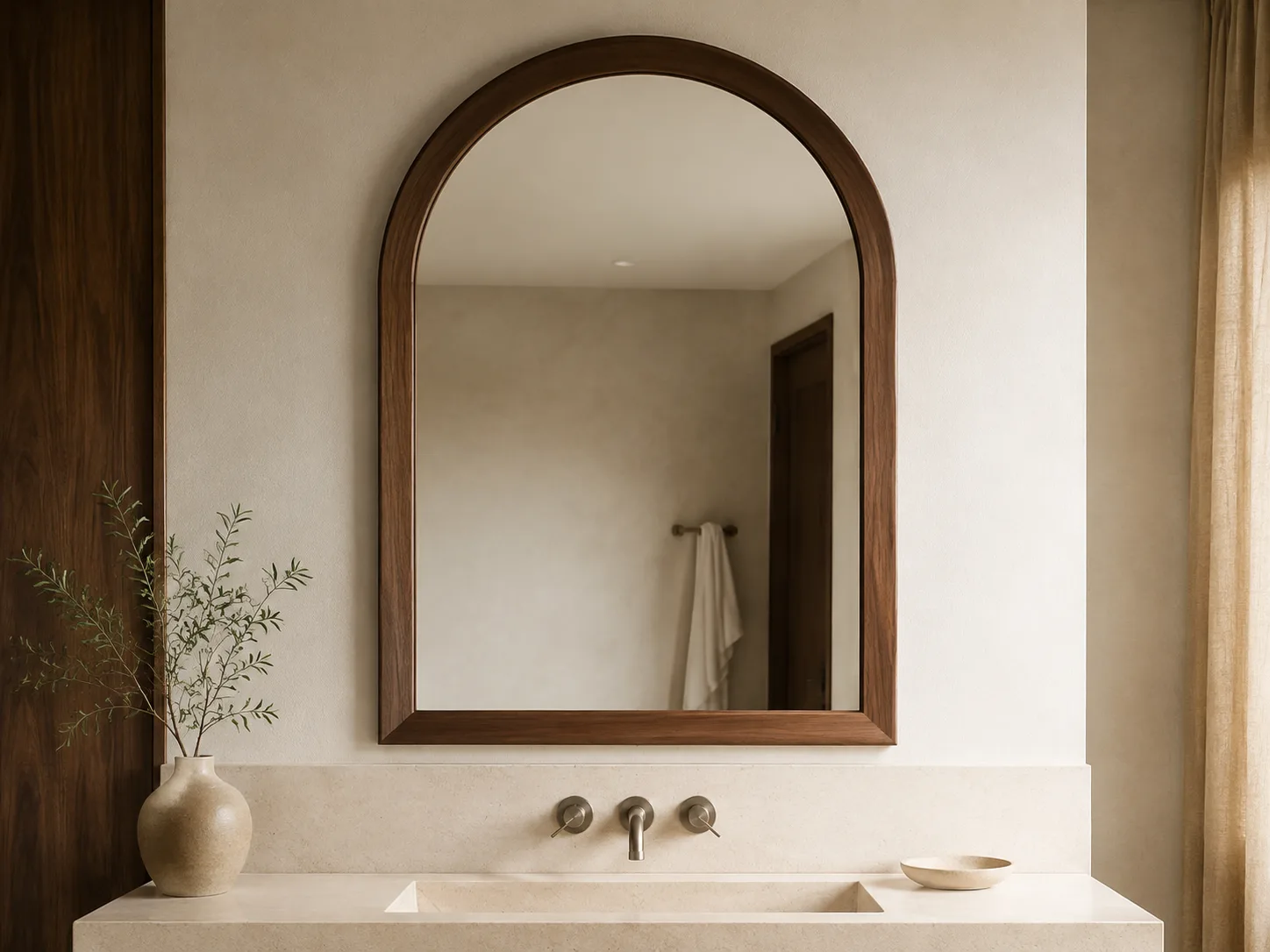 Arched walnut wood framed bathroom mirror concept
