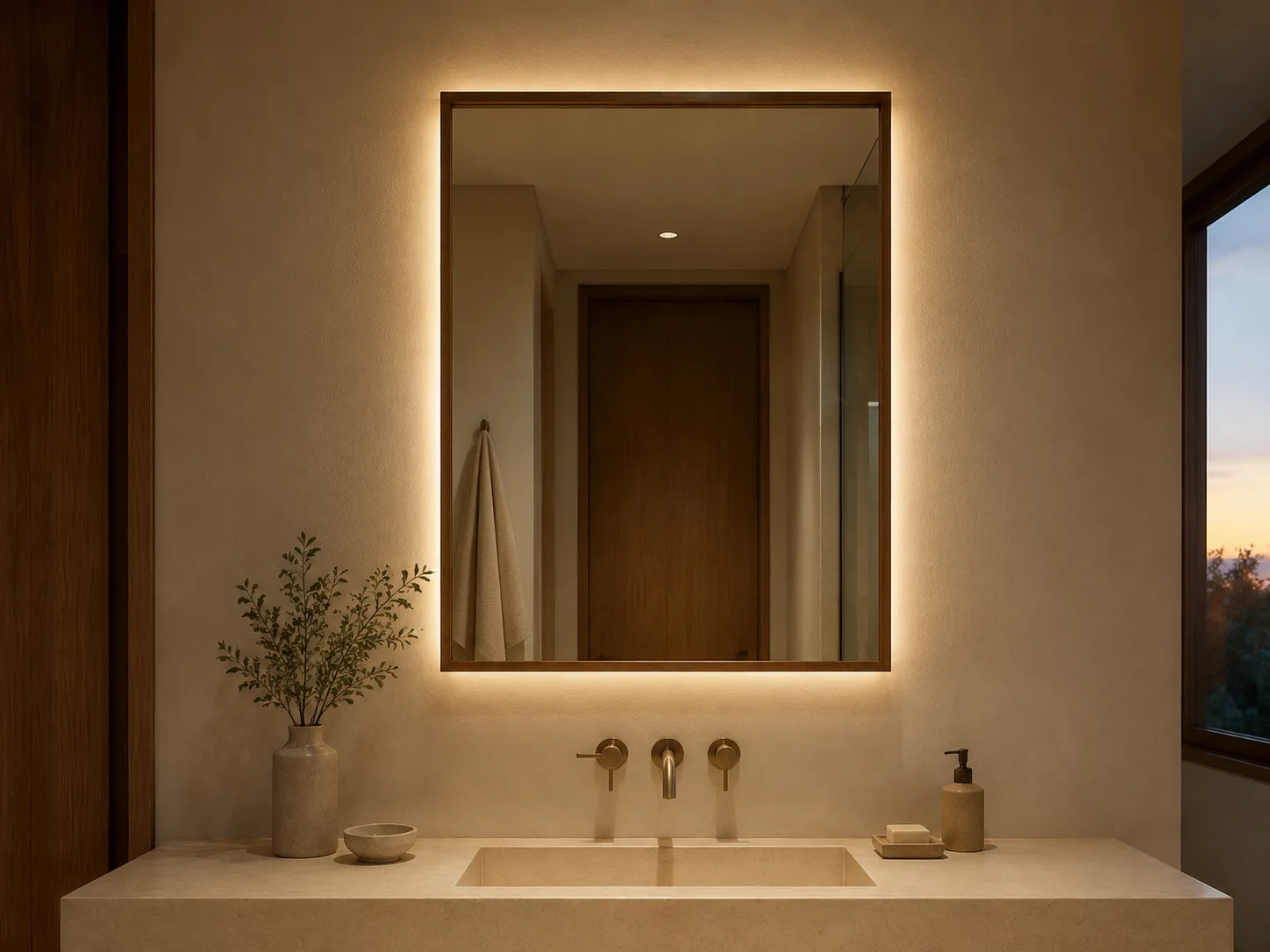 Walnut wood framed backlit bathroom mirror concept