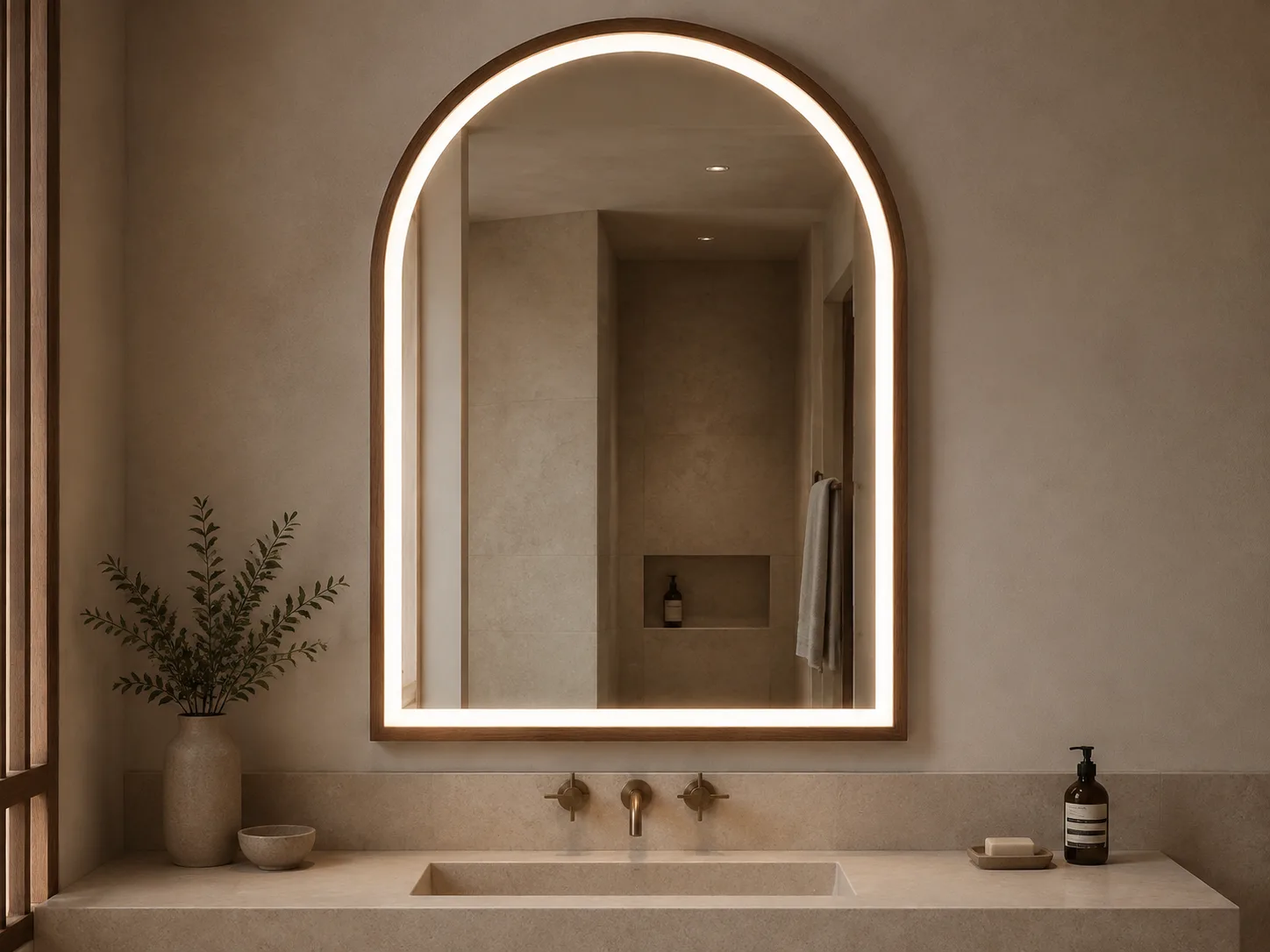 Arched walnut wood framed front-lighted bathroom mirror concept