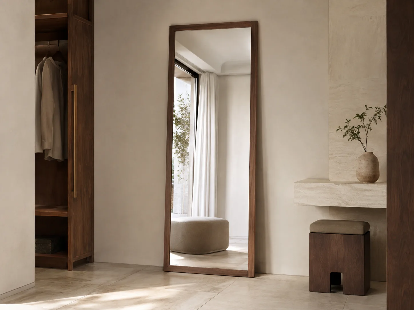 Full length walnut wood framed mirror concept