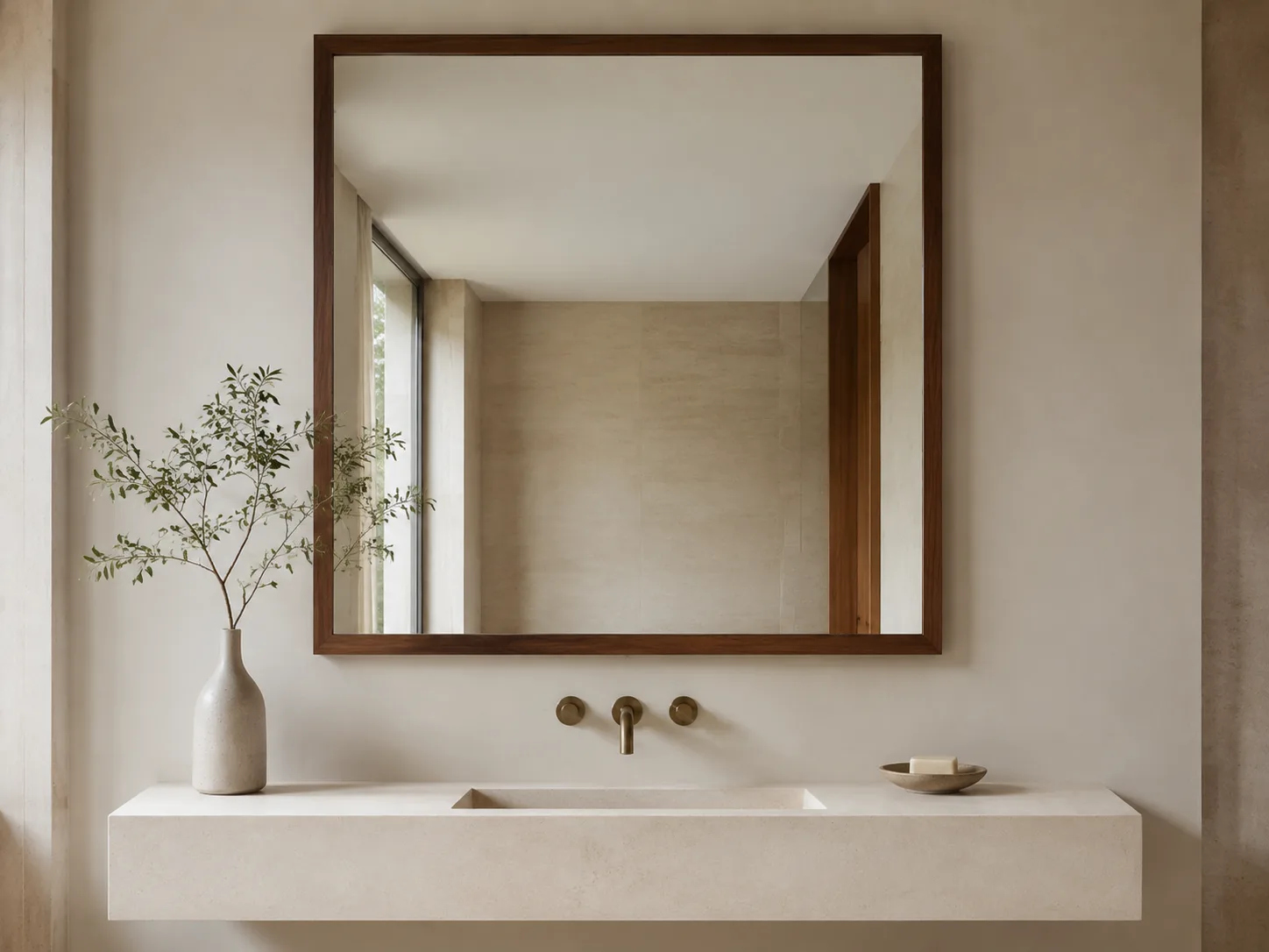 Rectangular walnut wood framed wall mirror concept