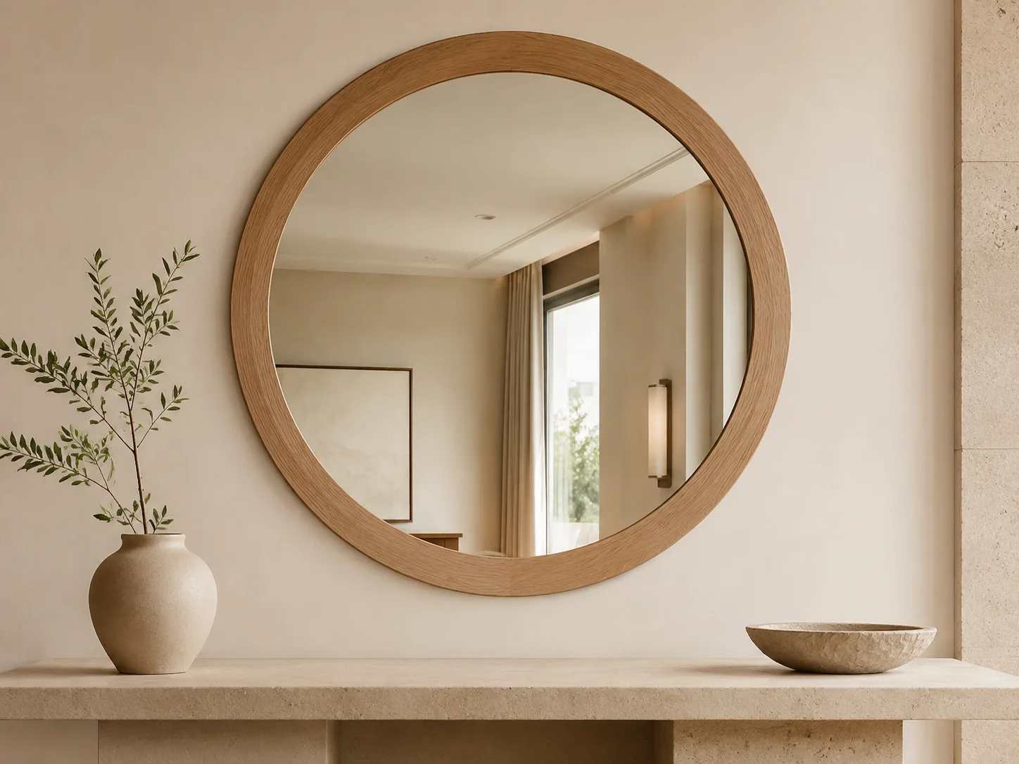 Round natural oak wood framed wall mirror concept
