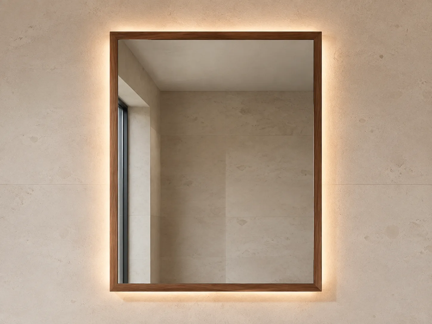 Walnut wood framed mirror with concealed rear backlight and clean mirror face