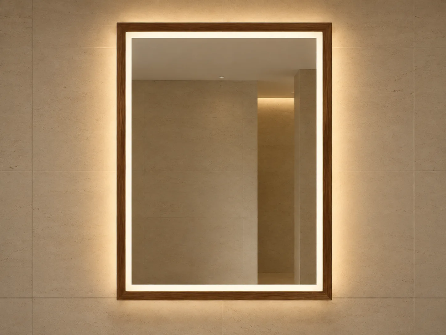 Walnut wood framed mirror combining a front light band with a rear ambient halo