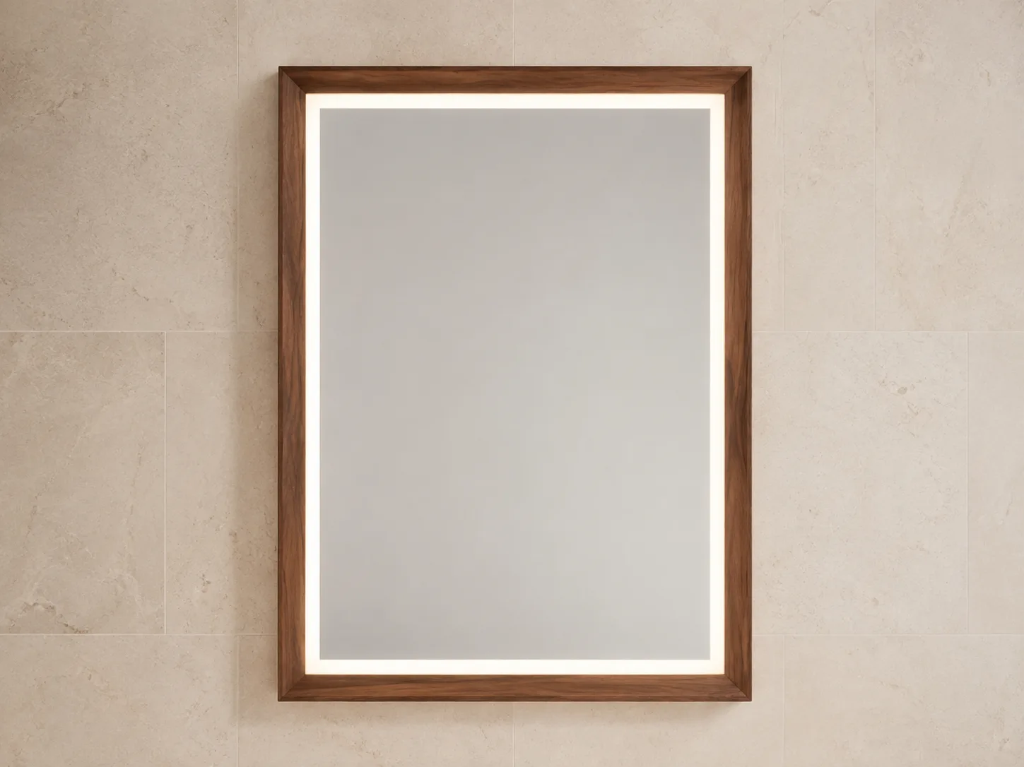 Walnut wood framed mirror with illuminated front task-light band and no rear halo
