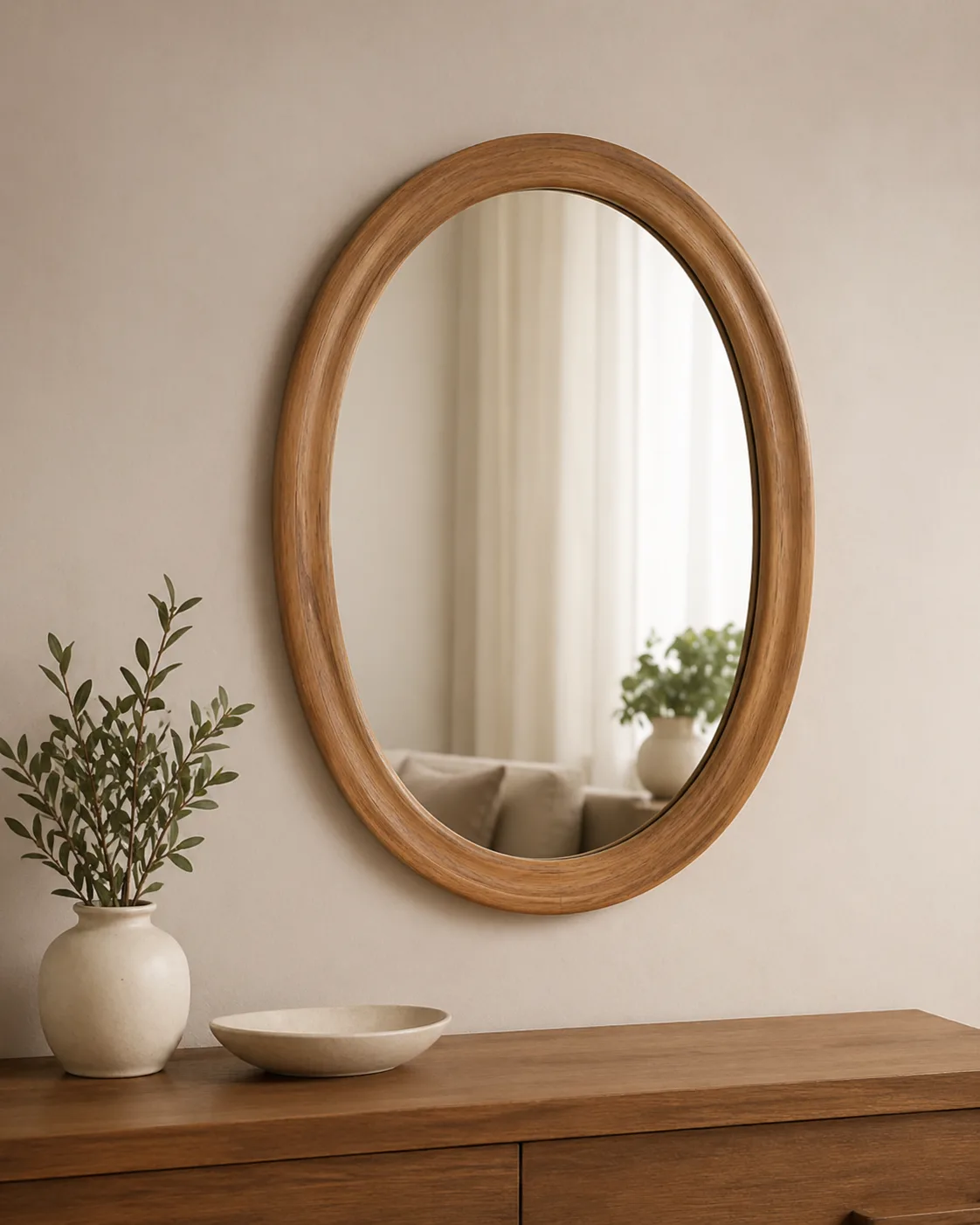 Rectangular natural wood framed mirror