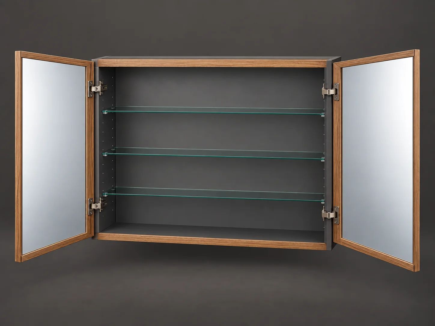 Open wide double-door walnut-look mirrored medicine cabinet with dark interior and three glass shelves