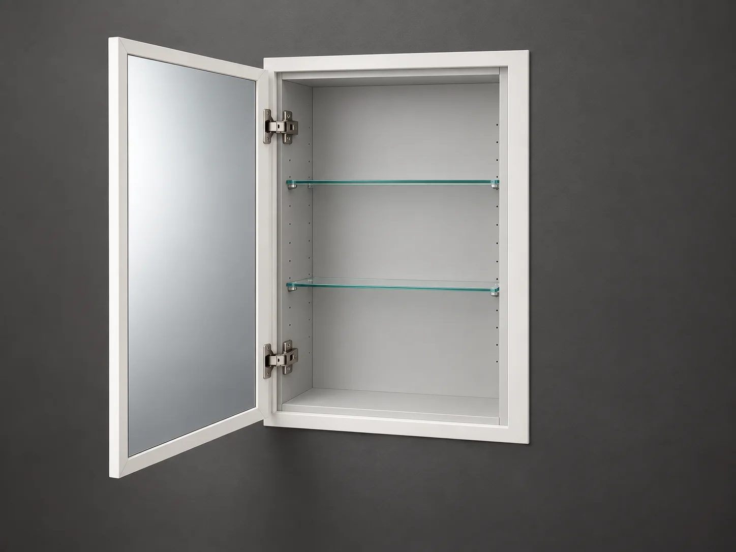 Open single-door white recessed mirrored medicine cabinet with flush perimeter and glass shelves