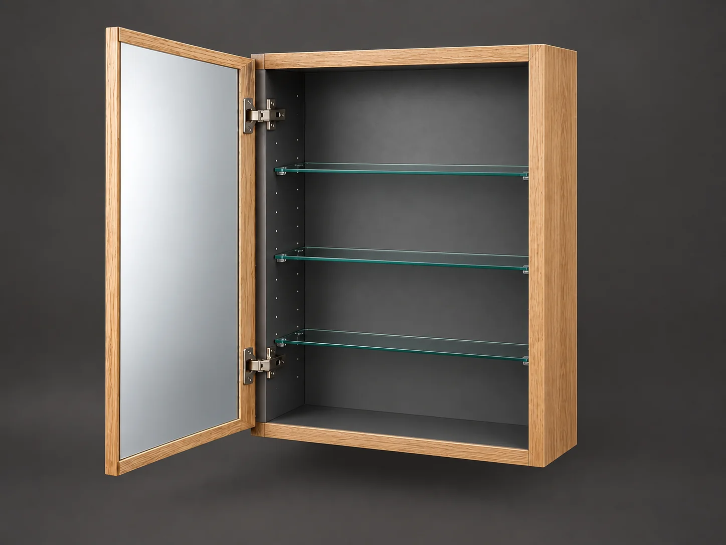 Open single-door oak-look surface-mounted mirrored medicine cabinet with dark interior and glass shelves
