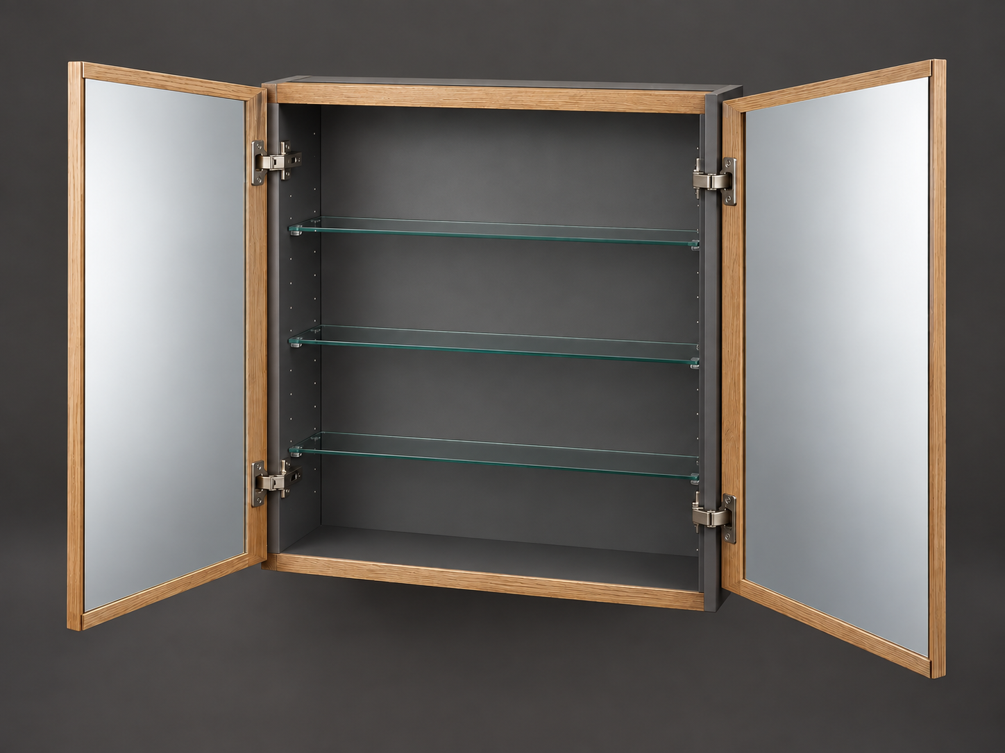 Open two-door medicine cabinet showing wood frame, painted cabinet body, glass shelves and concealed hinges