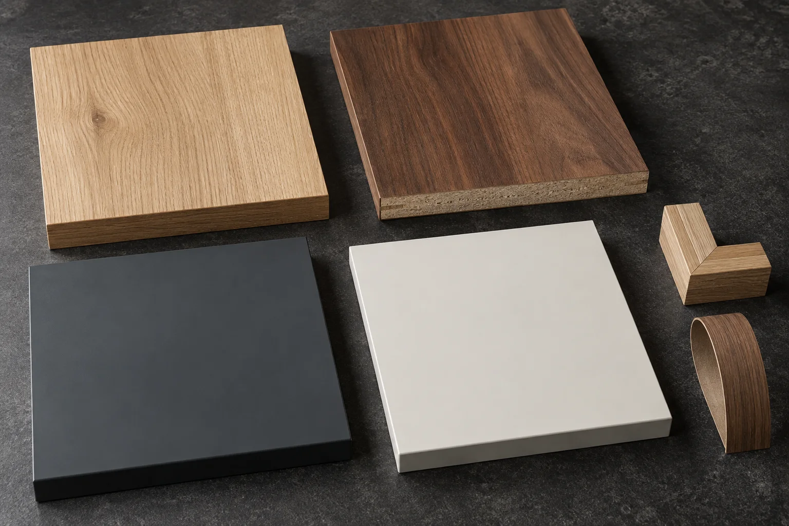 Oak, walnut veneer, charcoal painted MDF and off-white painted MDF material samples