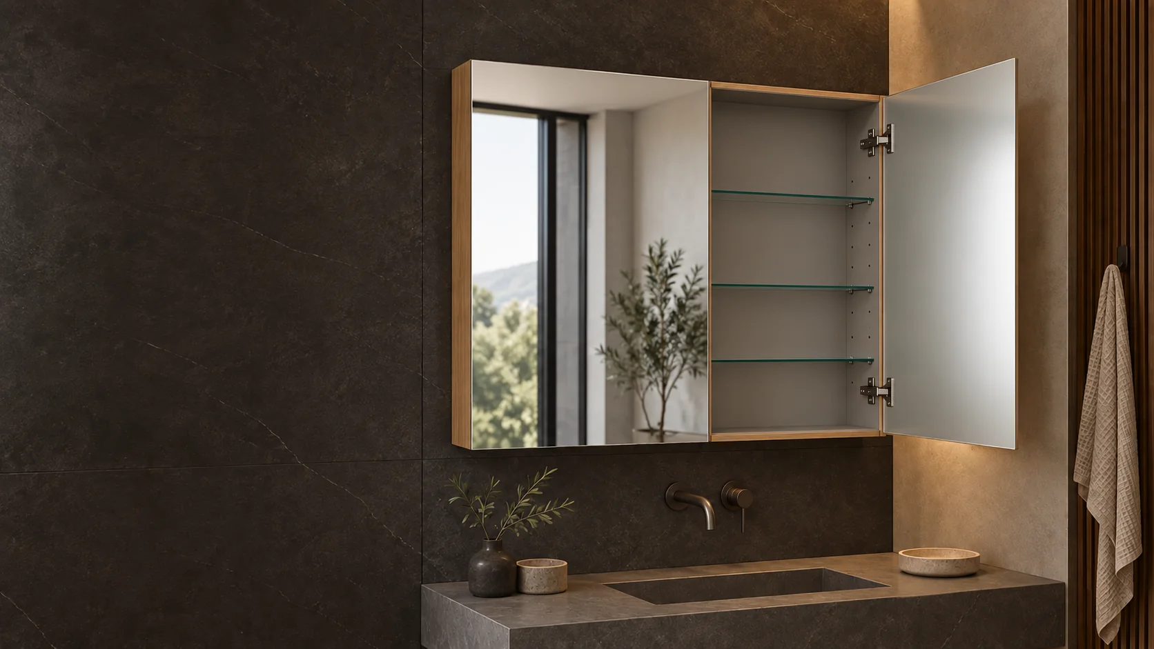 Complete oak-look double-door medicine cabinet with one mirrored door open