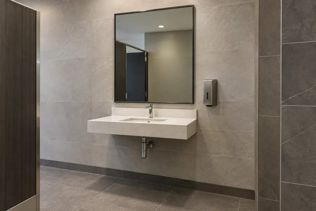 Accessible commercial restroom with a rectangular framed mirror above a wall-hung lavatory