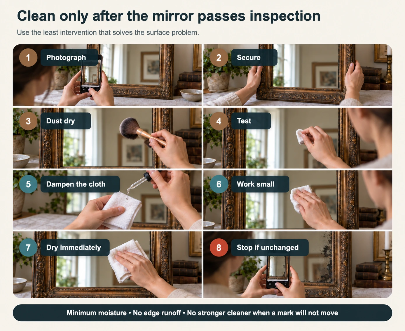 Eight-step guide for a stable old decorative mirror: photograph and secure it, dry dust, test, lightly dampen a cloth corner, clean and dry a small area, then stop and photograph an unchanged dark mark without touching it