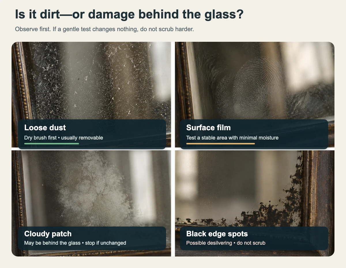 Realistic diagnostic guide comparing loose dust, surface film, cloudy backing deterioration, and dark desilvered edges