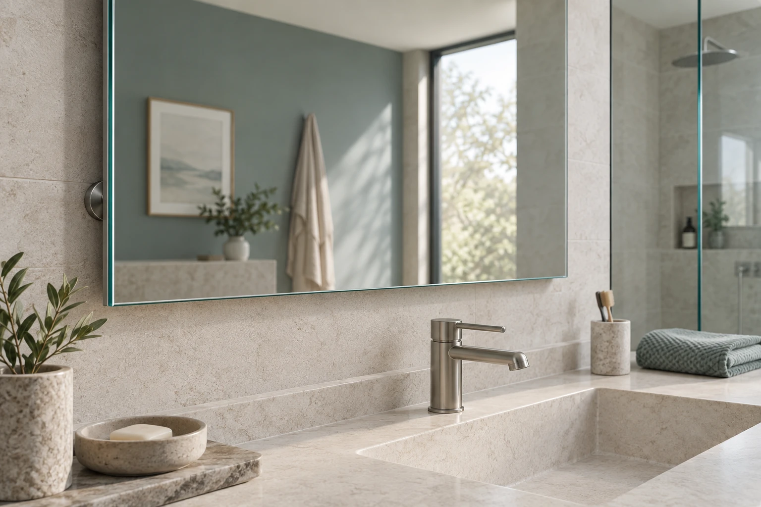 Conceptual close-up of a bathroom mirror showing its lower edge above the vanity and a nearby shower partition