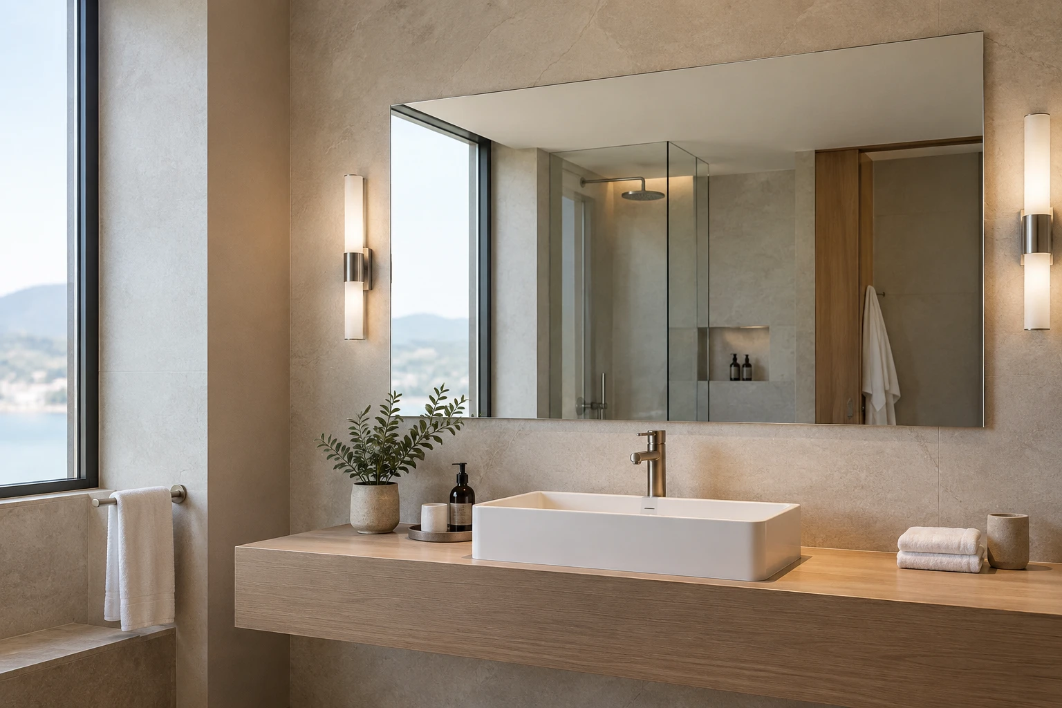 Conceptual modern bathroom application featuring a large frameless wall mirror