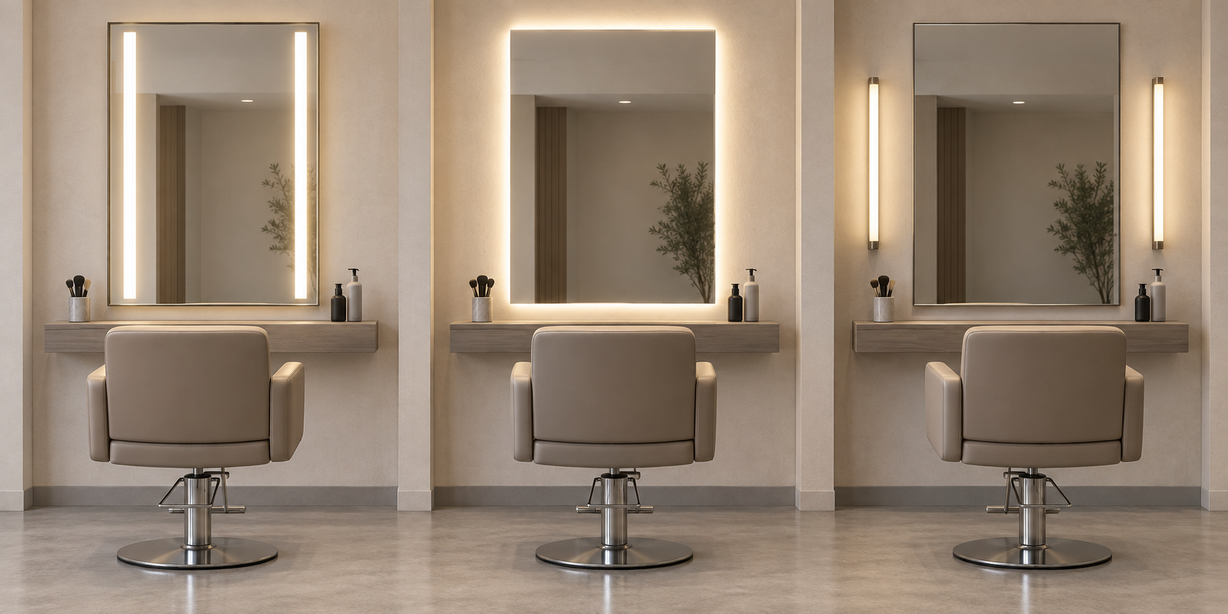 Comparison of a front-lit salon mirror, a backlit mirror, and a plain mirror with separate vertical lights