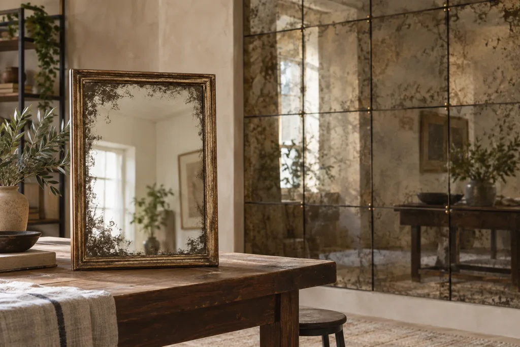 Illustration of a small framed antiqued mirror beside a multi-panel antique mirror wall