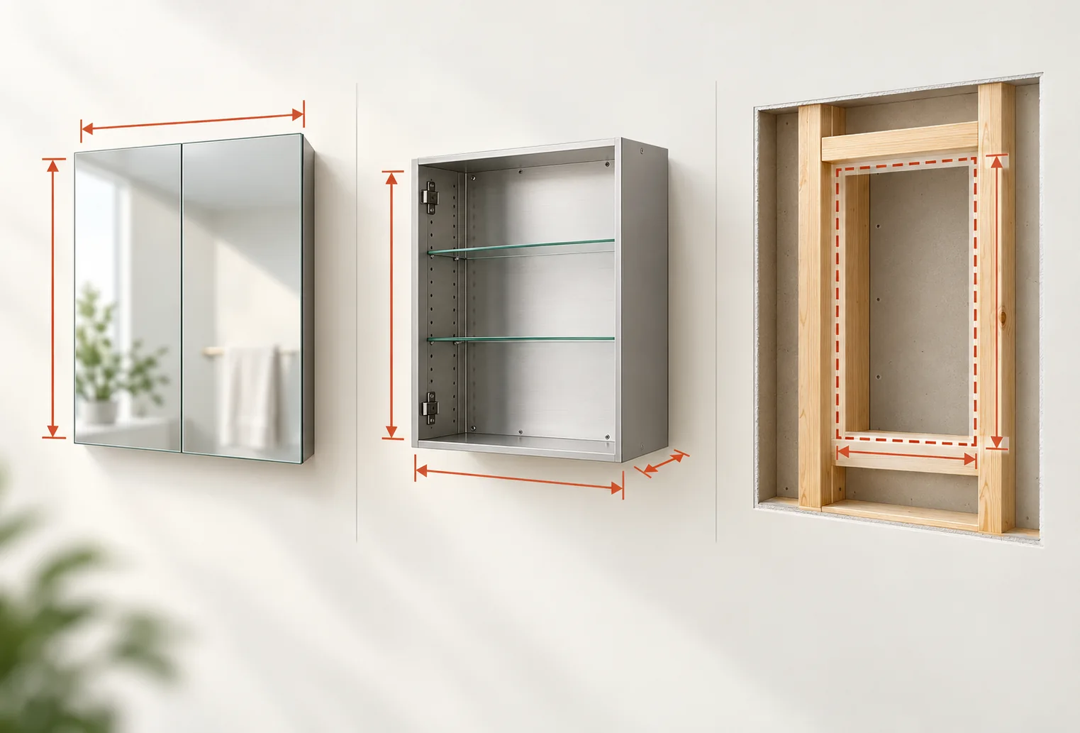 3D diagram separating the visible face, cabinet body, and model-specific rough opening