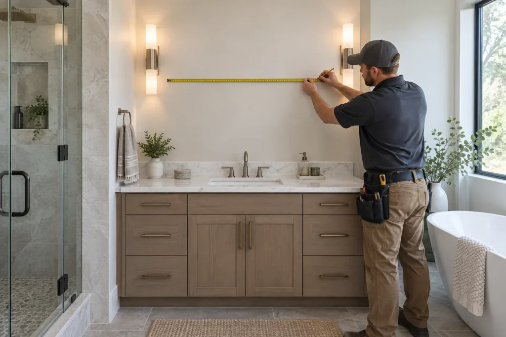 Installer measuring the wall above a bathroom vanity before selecting a medicine cabinet