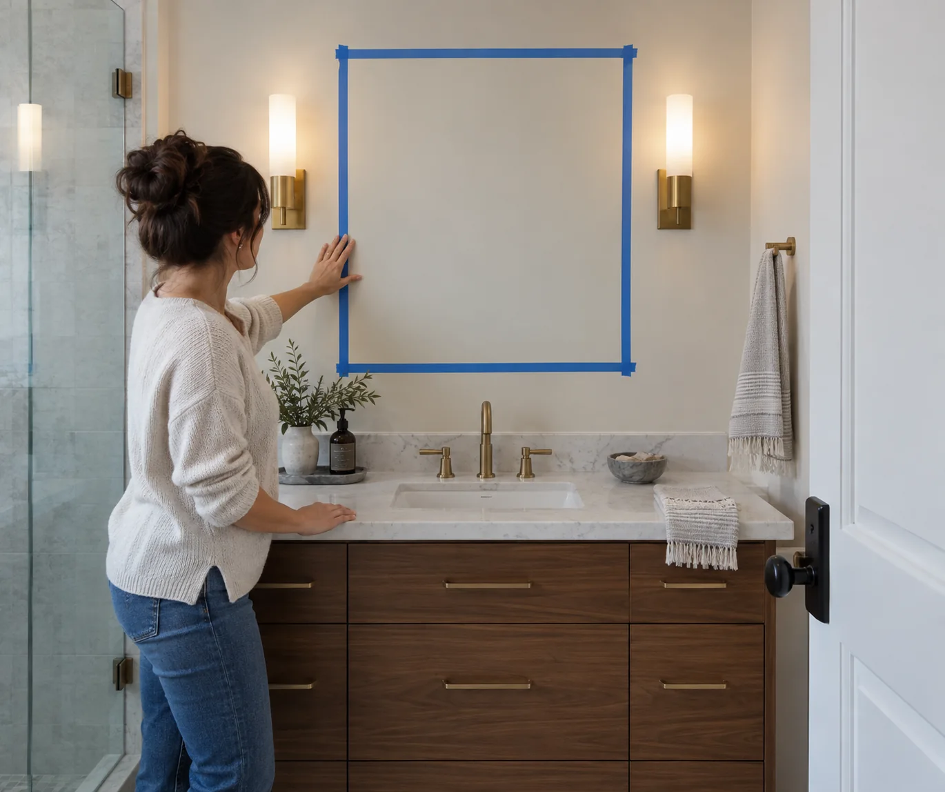 Full-size medicine cabinet outline marked with low-tack tape above a vanity to check placement and clearances