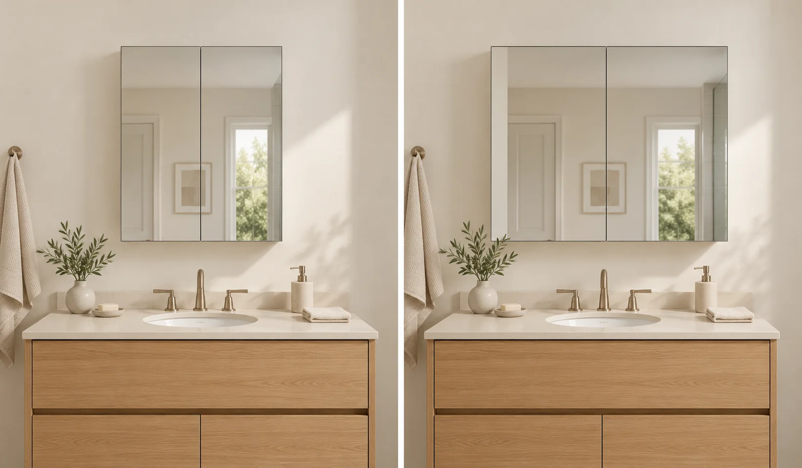 3D 36-inch vanity comparison with narrower and wider centered medicine cabinets