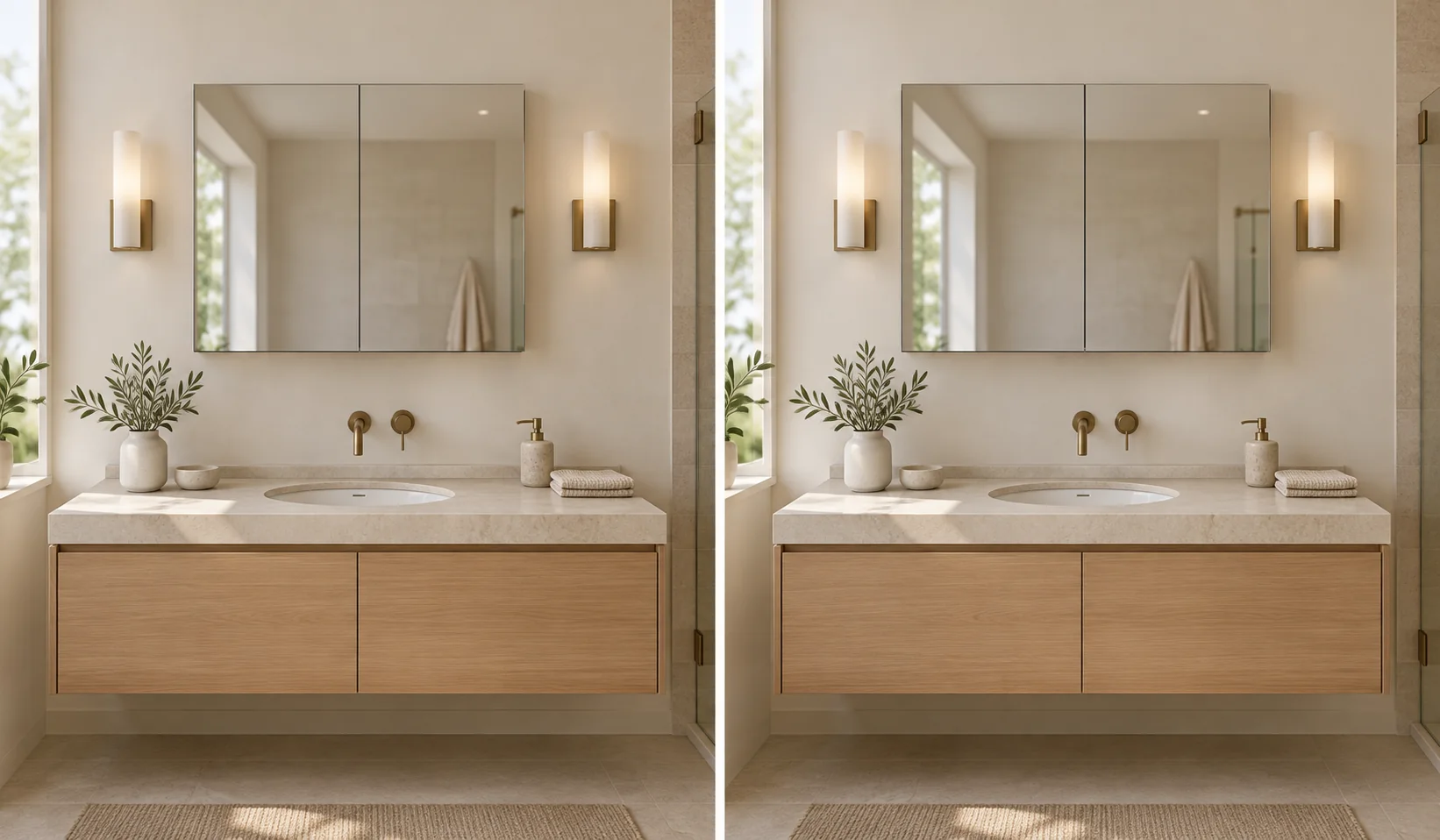 3D 48-inch vanity comparison with centered 36-inch and 40-inch medicine cabinets