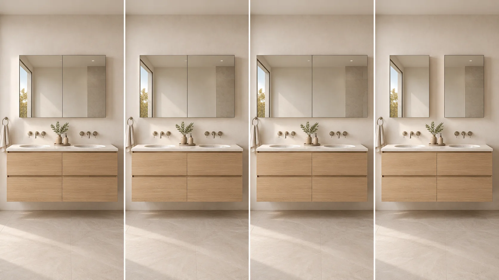 3D 60-inch double vanity comparison of one-cabinet and two-cabinet layouts