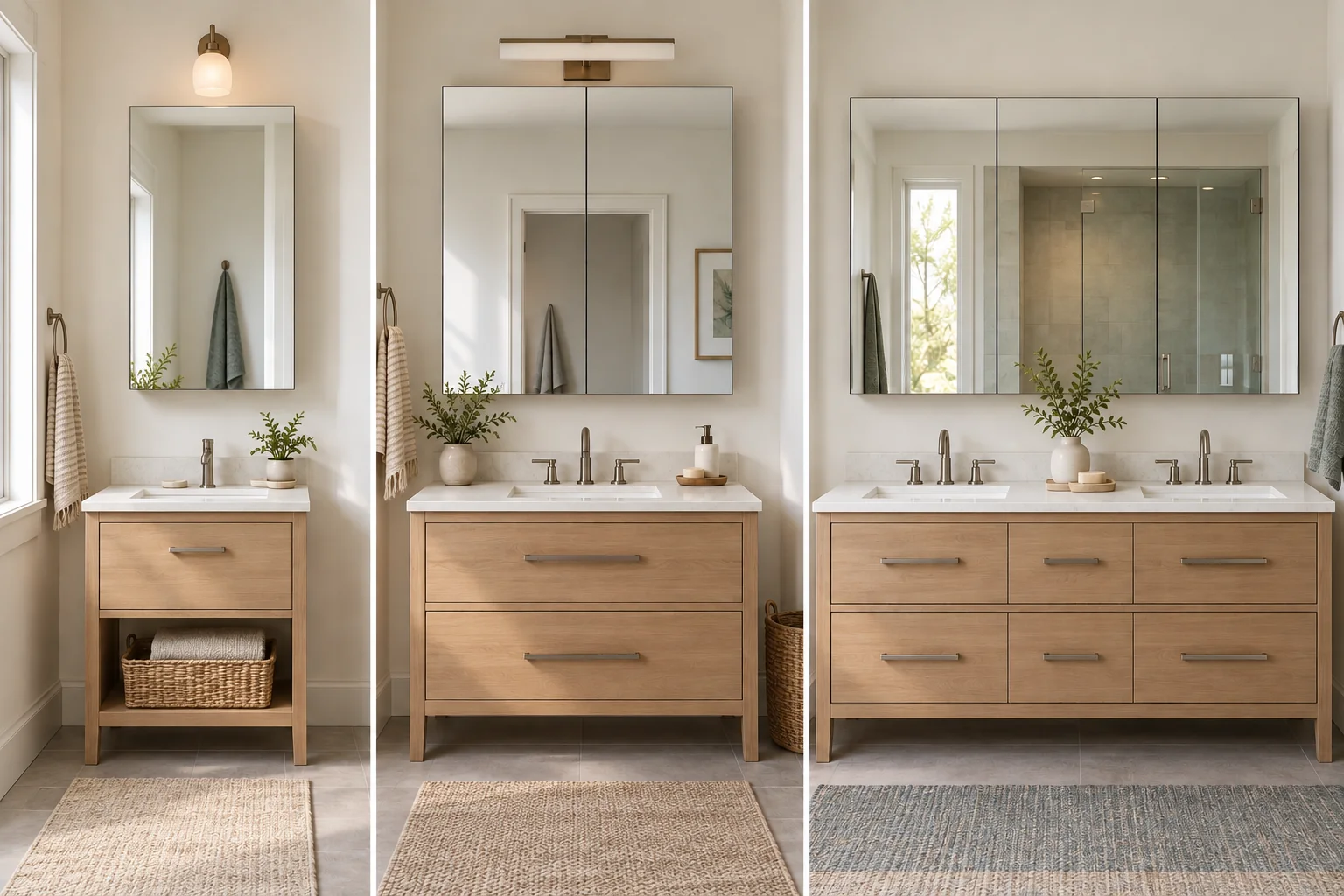 3D comparison of compact, medium, and wide mirrored medicine cabinet proportions above bathroom vanities