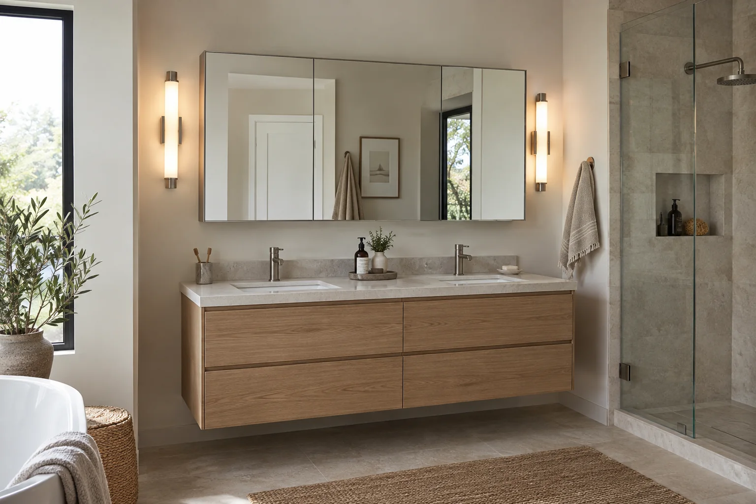 Conceptual bathroom with a wide mirrored medicine cabinet above a double-sink vanity