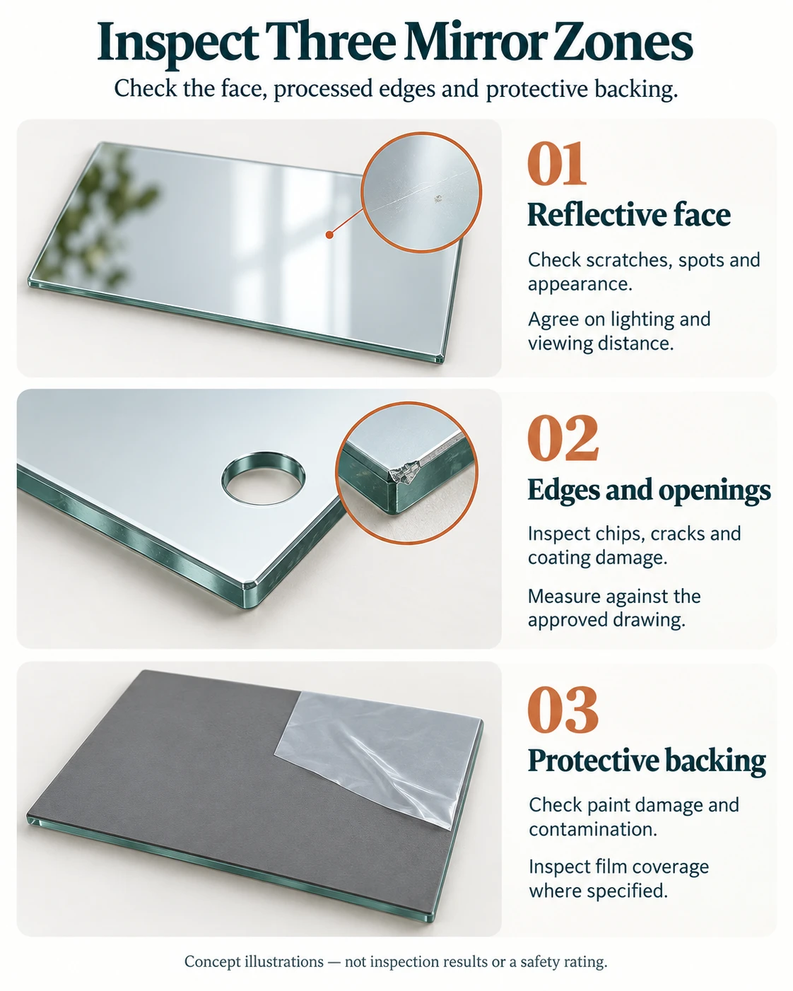 Mirror inspection illustrations showing the reflective face, a drilled opening and edge detail, and rear paint with optional film