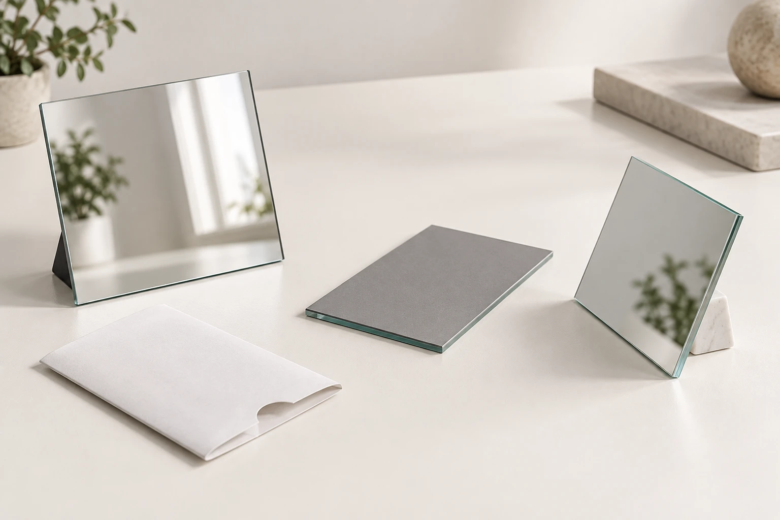 Conceptual mirror sample set showing reflective faces, a grey backing surface and polished glass edges