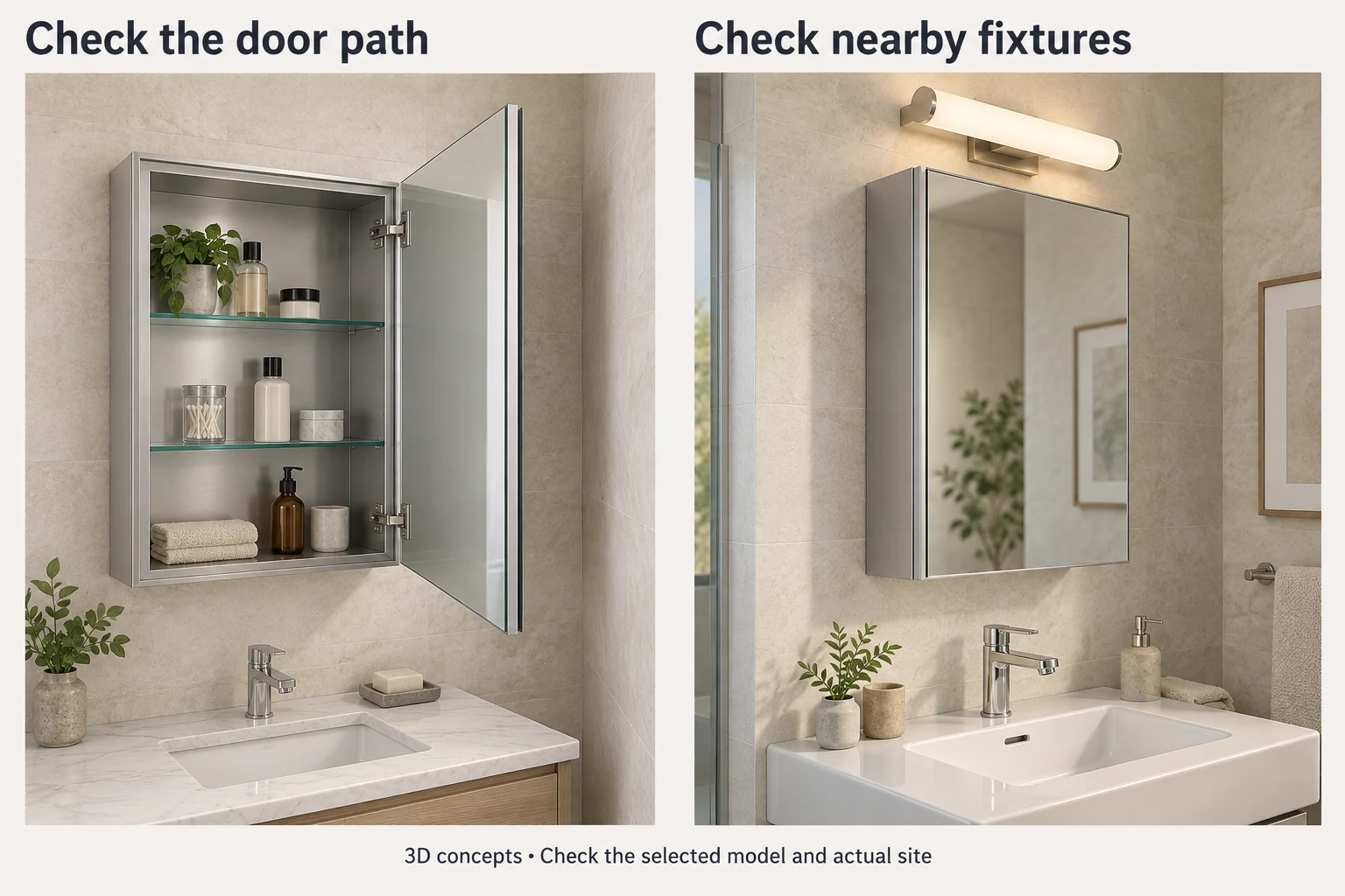 3D medicine cabinet concepts showing an open mirrored door near a return wall and a closed cabinet between a faucet and wall light.