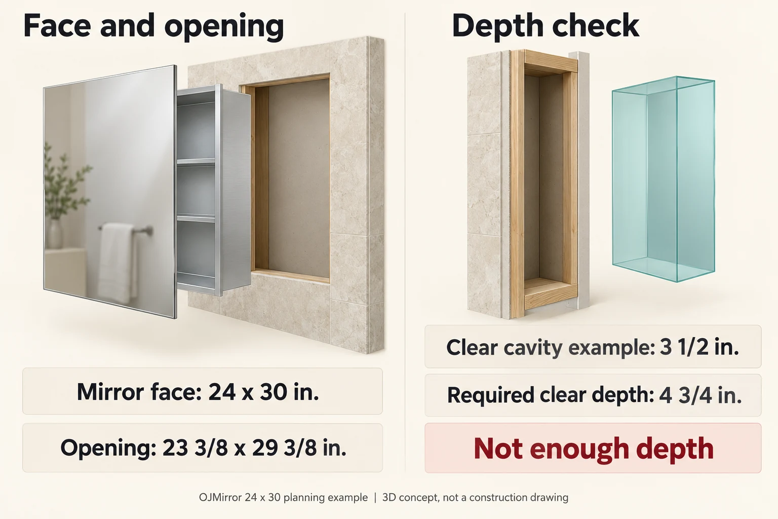 3D planning illustration comparing a 24 by 30 inch mirror face with a 23⅜ by 29⅜ inch opening, and a 3½ inch cavity with a 4¾ inch clear-depth requirement.