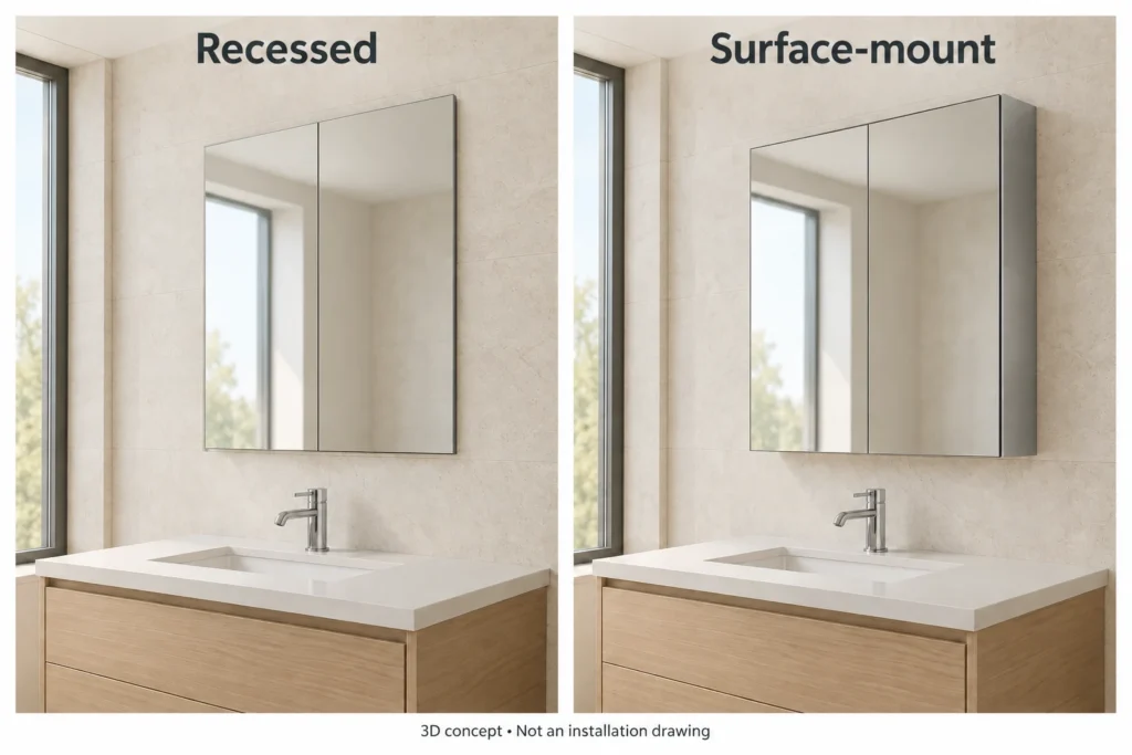 3D concepts of recessed and surface-mount mirrored medicine cabinets above matching bathroom vanities.