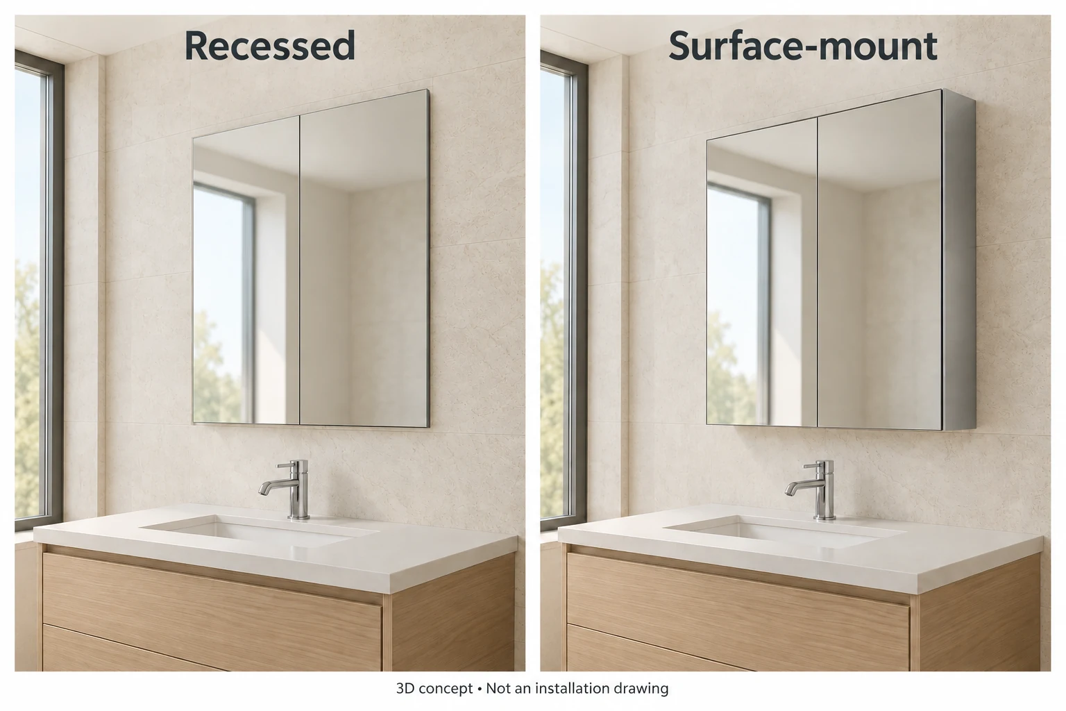 3D concepts of recessed and surface-mount mirrored medicine cabinets above matching bathroom vanities.