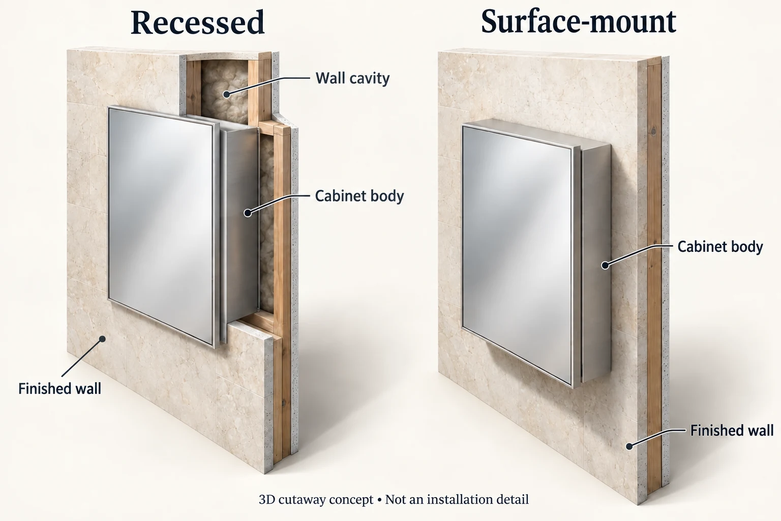 3D cutaway concepts identifying the wall cavity, cabinet body and finished wall in recessed and surface-mounted arrangements.