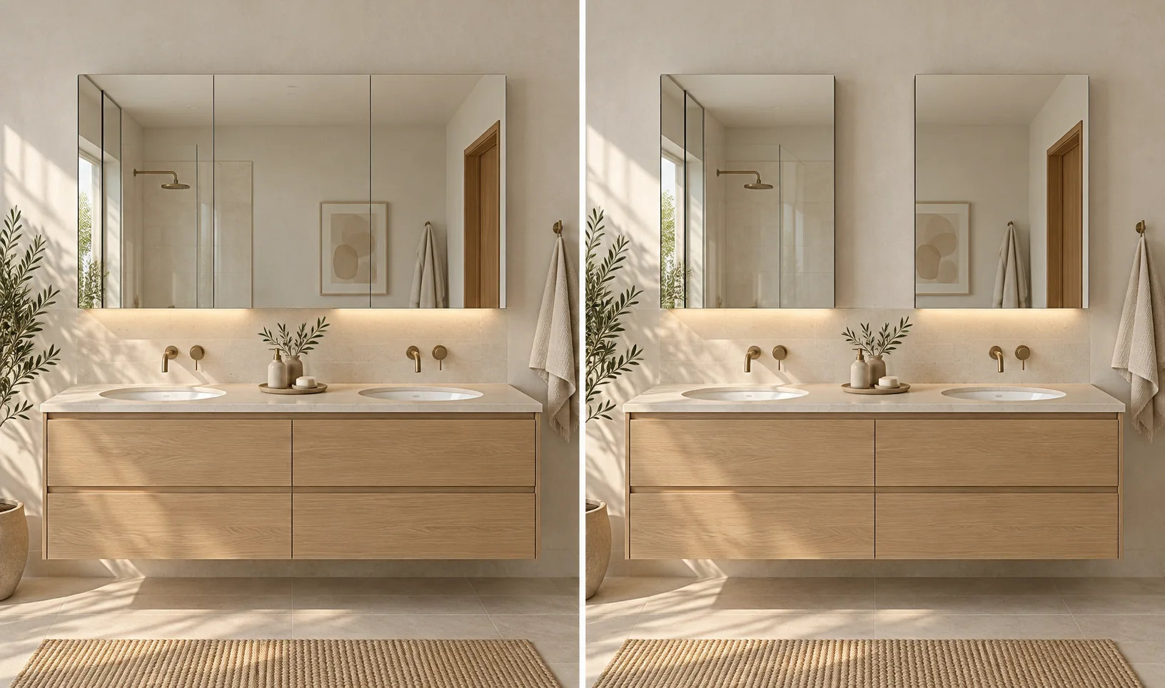 3D comparison of one wide cabinet and two medicine cabinets over a double vanity