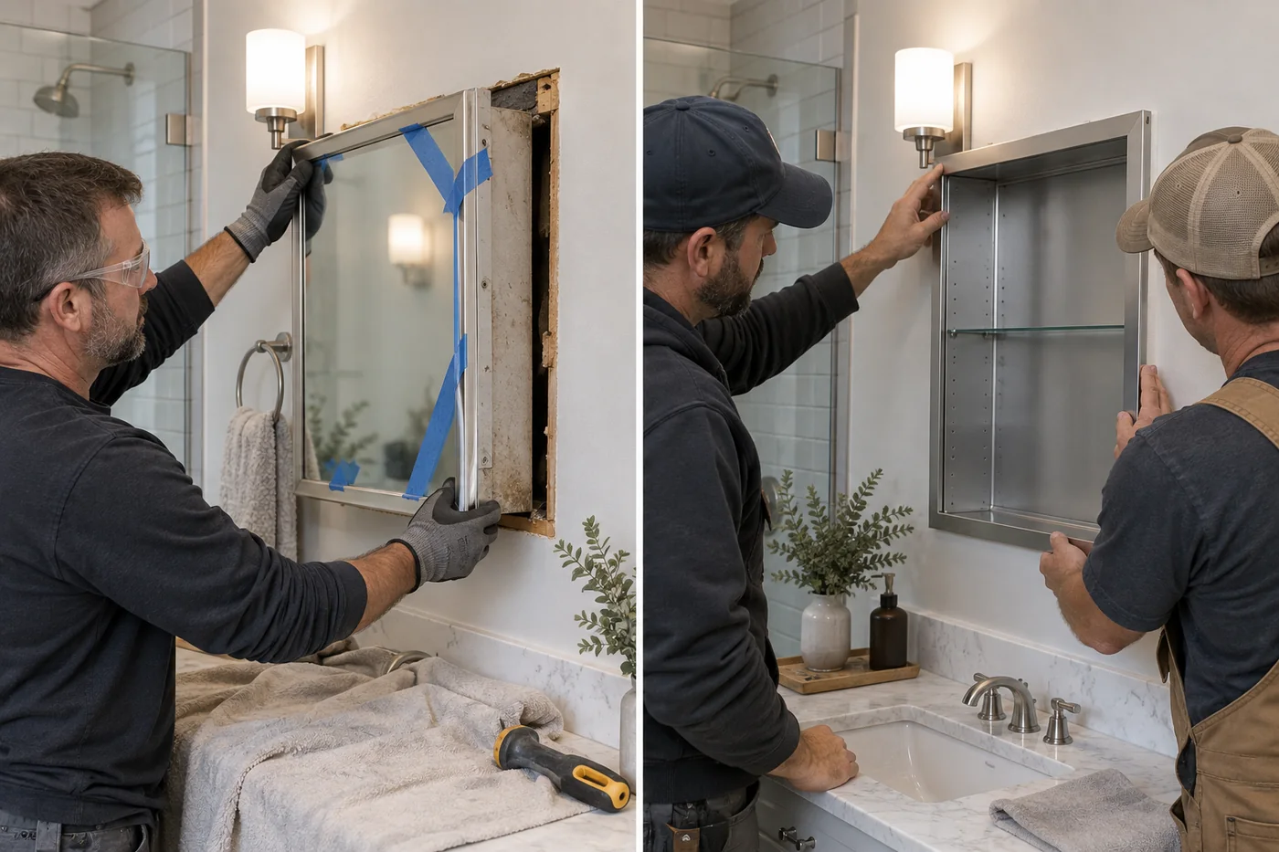Old recessed medicine cabinet being removed beside a replacement cabinet being dry-fitted into the existing opening