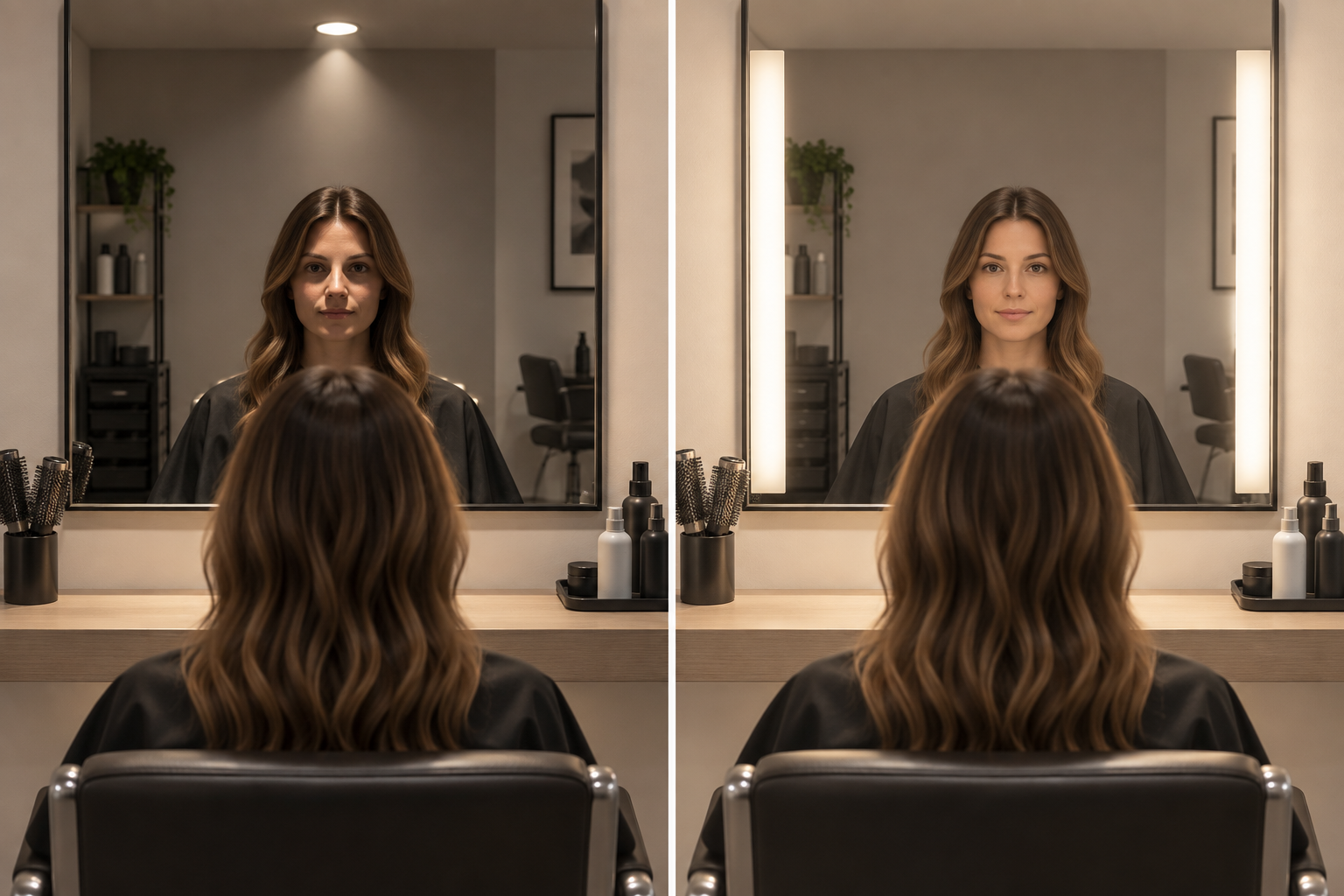 Comparison of overhead-only salon mirror lighting and balanced vertical side lighting