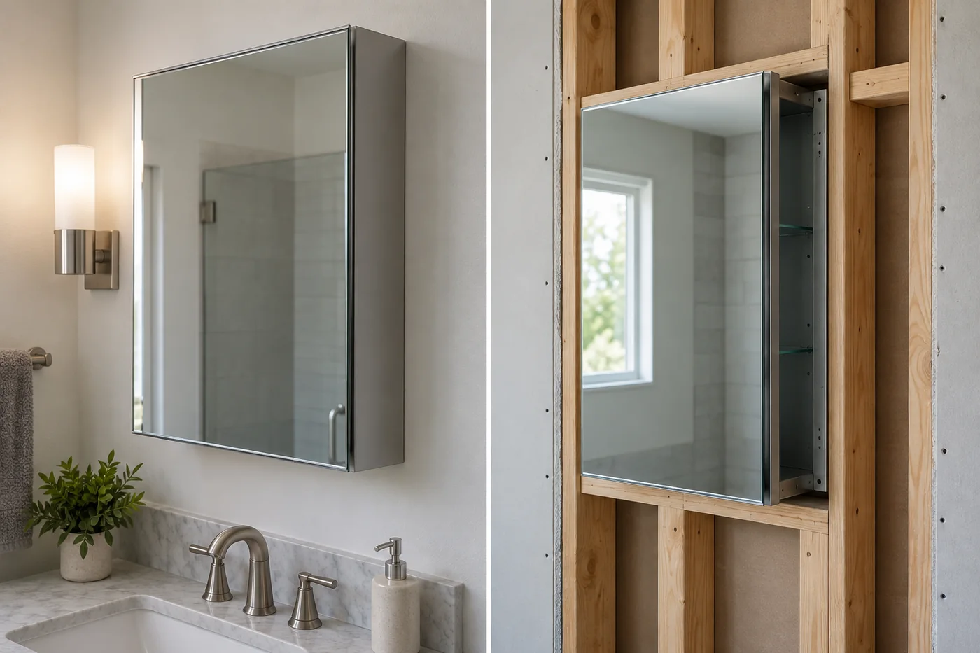 Side-by-side comparison of a surface-mounted medicine cabinet and a recessed cabinet installed within wall framing