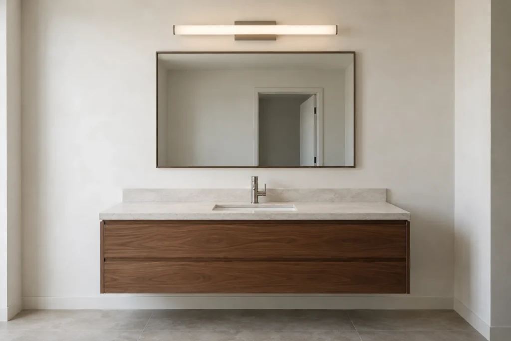 Bathroom vanity with a mirror and separate overhead light